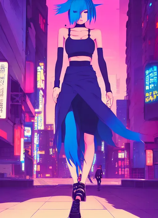 Image similar to digital illustration of cyberpunk pretty girl with blue hair, wearing a crop top and a skirt, full body pose, in city street at night, by makoto shinkai, ilya kuvshinov, lois van baarle, rossdraws, basquiat