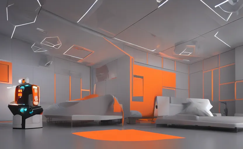 Prompt: space room with unorthodox geometric shapes with led computer interfaces on the floor, ceiling and walls. a robot assistant is idle inside a transparent container built into the wall. orange and grey color scheme, high contrast, octane render, ray - tracing, 4 k, desktop wallpaper