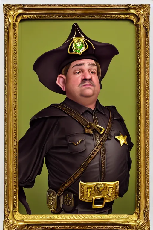 Prompt: high fantasy elf mall cop with a sheriff's badge that is fat, shifty, and incompetent, portrait from the chest up, Oil Painting, hyper realistic, dutch golden age, 3/4, bust 8k UHD scan