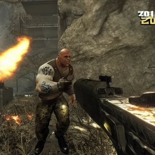 Image similar to dwayne the rock johnson, dwayne the rock johnson in the call of duty zombies map tranzit, black ops 2 tranzit, screenshot