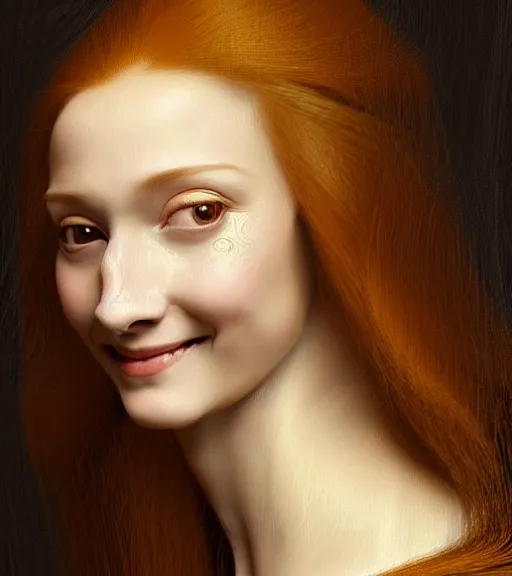 Prompt: portrait of a long - haired woman smiling as she is sitting upon a table with heightened detail, poised, intense emotion, detailed facial expression, detailed surroundings, intricate, elegant, highly detailed, centered, digital painting, artstation, concept art, smooth, sharp focus, illustration, by ( leonardo da vinci ), wlop