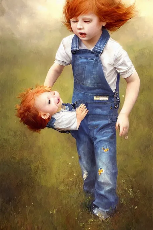 Prompt: a three year old boy with ginger hair wearing denim overalls chasing butterflies. clean elegant painting, beautiful detailed face, lots of butterflies. by raymond swanland and artgerm and greg rutkowski