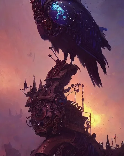 Image similar to a close - up stunning fantasy scene of a steampunk crow | highly detailed | very intricate | disney | magic the gathering | steampunk | dramatic romantic epic breathtaking whimsical magical | professional cinematic lighting | award - winning | painted by marc simonetti and anton fadeev and paul lehr and rhads and alena aenami | pastel color palette | featured on artstation