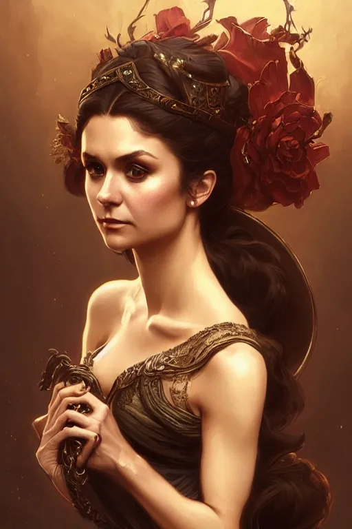 Image similar to Nina Dobrev dressed in a victorian fashion, D&D, fantasy, intricate, elegant, highly detailed, digital painting, artstation, concept art, matte, sharp focus, illustration, art by Artgerm and Greg Rutkowski and Alphonse Mucha