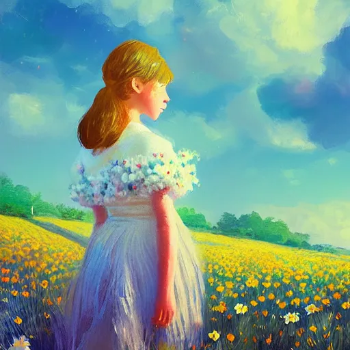 Image similar to girl with a full daisies head, surreal photography, flower field, sunset dramatic light, impressionist painting, colorful clouds, blue sky, digital painting, artstation, simon stalenhag