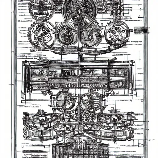 Image similar to schematic blueprint of highly detailed ornate filigreed convoluted ornamented elaborate medical equipment