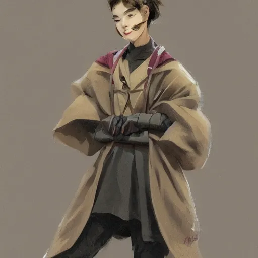 Image similar to a highly detailed epic cinematic concept art CG render digital painting artwork costume design: a teenage girl in a 1950s extremely oversized man's coat and hoodie. muted colors with some yellow accents. By Greg Rutkowski, Ilya Kuvshinov, WLOP, Stanley Artgerm Lau, Ruan Jia and Fenghua Zhong, trending on ArtStation, made in Maya, Blender and Photoshop, octane render, excellent composition, cinematic atmosphere, dynamic dramatic cinematic lighting, aesthetic, very inspirational, arthouse