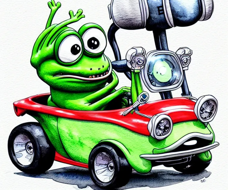 Image similar to cute and funny, pepe wearing a helmet riding in a tiny hot rod tesla with oversized engine, ratfink style by ed roth, centered award winning watercolor pen illustration, isometric illustration by chihiro iwasaki, edited by range murata, details by artgerm