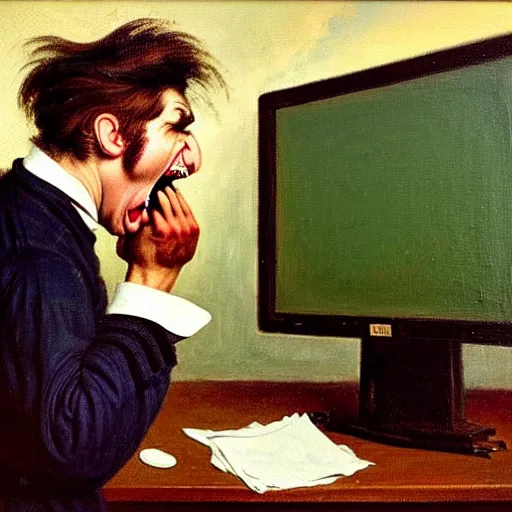 Image similar to an angry man yells at his computer monitor, oil on canvas, 1 9 0 1