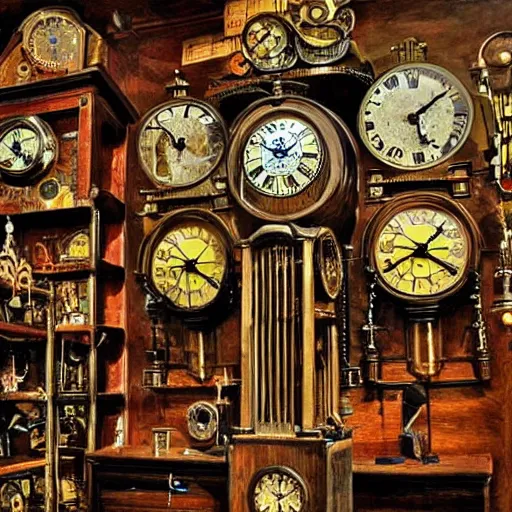 Prompt: interior of a steampunk clock shop, father time, wooden grandfather clocks everywhere, realistic, very intricate hyper detailed masterpiece by max ernst
