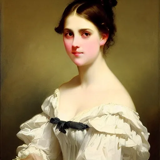 Image similar to beautiful portrait of a young woman with gentle eyes by franz xaver winterhalter, circa 1 8 6 3