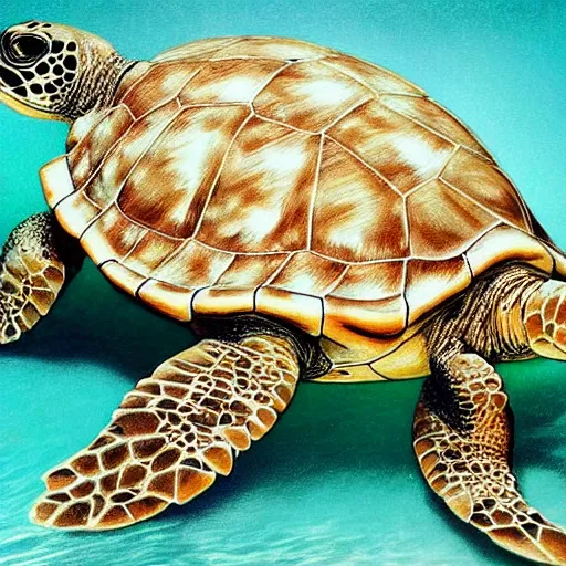 Prompt: a porcelain sculpture of a sea turtle, photorealistic, centered, close up shot, flash photography, beige, white, green, light - blue, dark - blue, waves of water, by bob eggleton, trending on artstation