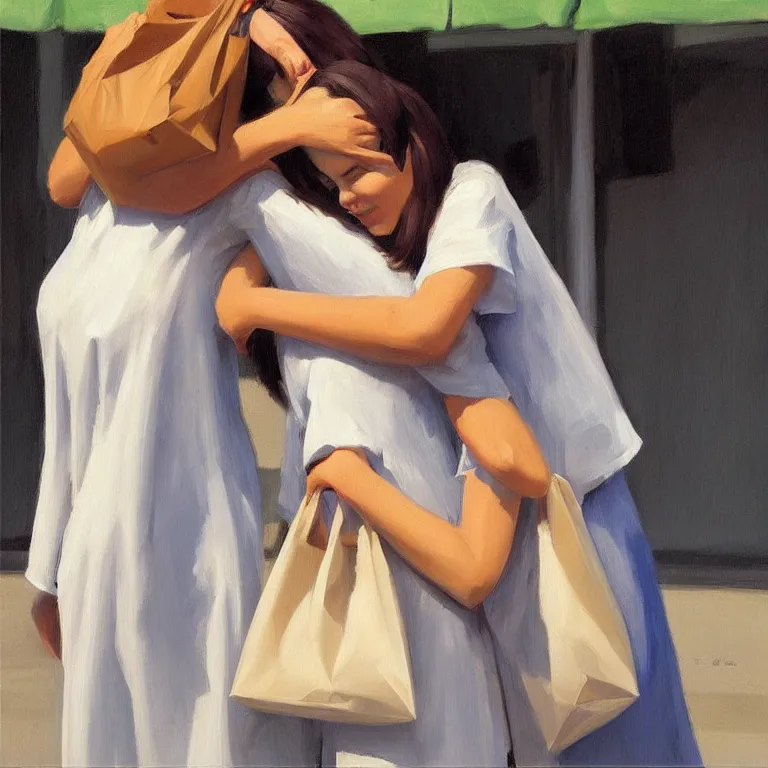 Image similar to two women hugging with a paper bag over the head dressed in plastic bags, highly detailed, artstation, art by, , edward hopper, zdislav beks