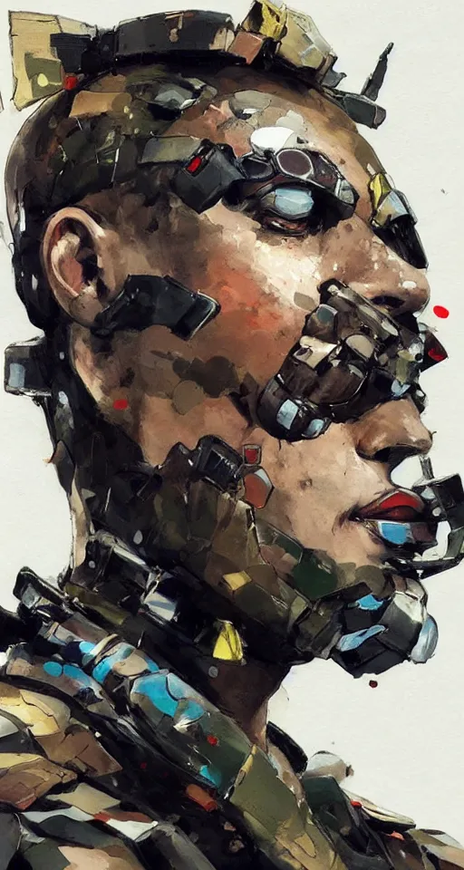 Image similar to a beautiful side portrait painting of a soldier. the soldier has giant insect eyes, compound eyes. art by yoji shinkawa and sandra chevrier, trending on artstation, award - winning, perfect composition.