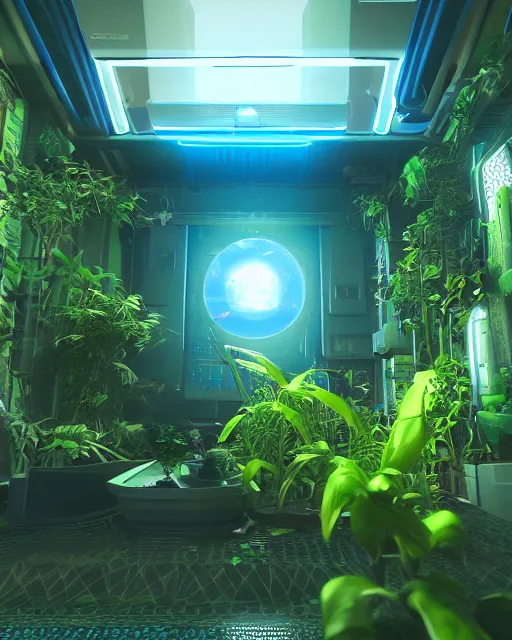 Image similar to Solarpunk gaming PC, futuristic utopia, scifi, green plants, blue light, small room, fine details, atmosphere, glow, extreme realistic, trending on artstation