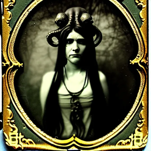 Image similar to tintype ambrotype daguerreotype of a cthulhu priestess adorned in occult jewelery with tentacle hair. emerging walking out of a slithering baroque frame. she is high priestess of cthulhu. tintype