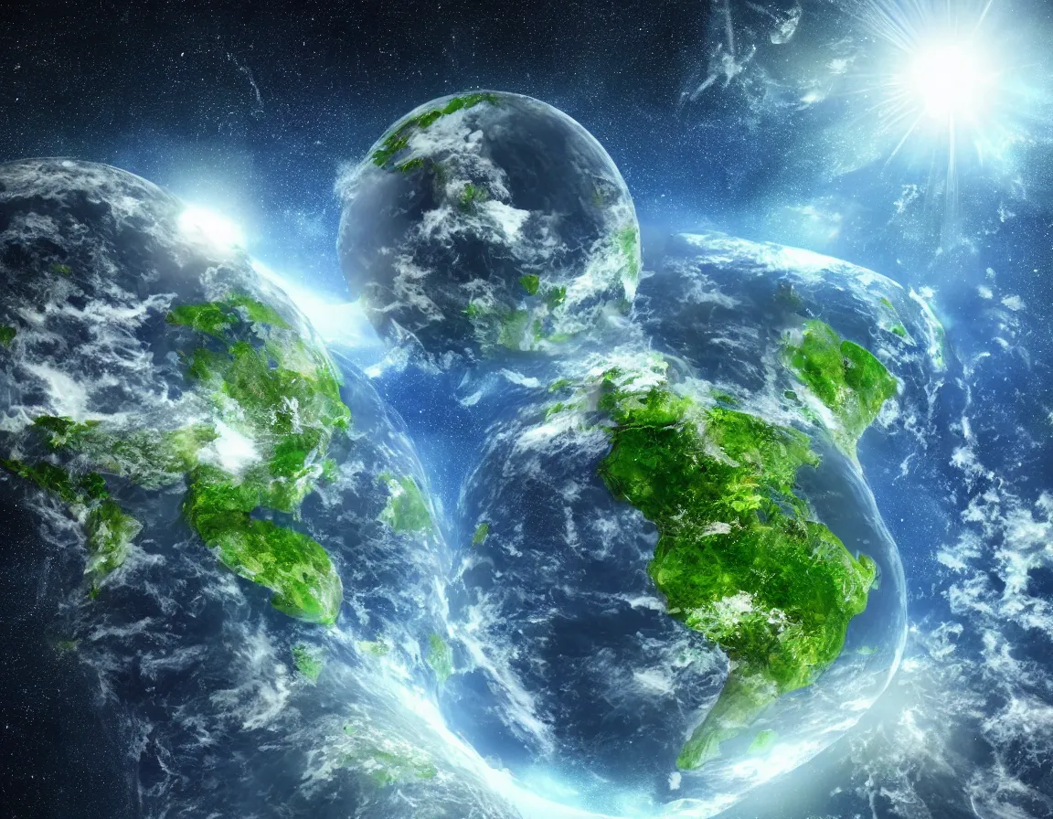 Image similar to hyper realistic 3 d rendering of little green planet in the outer space, hd, hdr, ultra detailed, high resolution