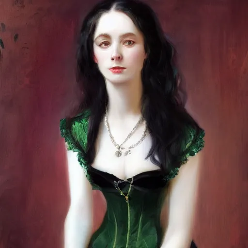 Prompt: a beautiful young woman, pale skin, black long hair, aristocrat, black expensive dress from 1 8 6 0 with green details, oil painting, digital art, studio photo, realistic, artstation, high quality, wild west