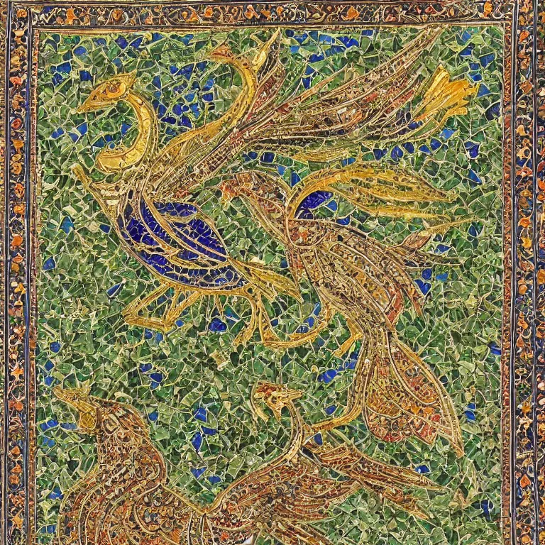 Prompt: classic persian arabic ornament with mystic birds and flowers, highly detailed, photorealistic, mosaic, green and gold, symmetrical, ornate