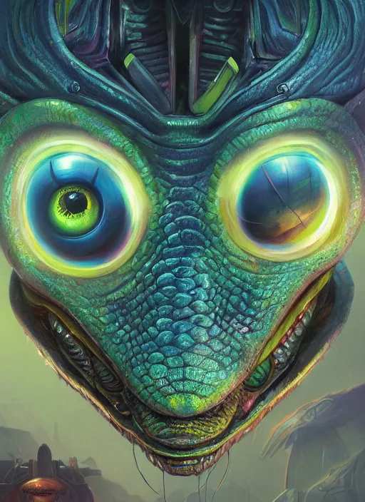 Image similar to close up sci - fi hippie poster art simon stalenhag reptile robot eyes, rainbow fur, elegant, highly detailed, centered, digital painting, concept art, smooth, sharp focus, illustration, artgerm, tomasz alen kopera, peter mohrbacher, donato giancola, joseph christian leyendecker, wlop, frank frazetta