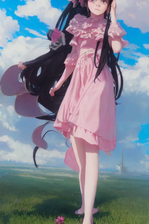 Prompt: a character design of little girl with black hair in a pink lolita dress, sky background by krenz cushart and mucha and akihito yoshida and greg rutkowski, detailed eyes, 4 k resolution