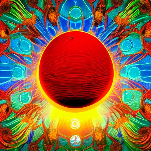 Prompt: the solarpunk phoenix, red bird, ornate egg, regeneration, landscape, epic composition, volumetric light, bokeh, inspired by leonardo da vinci and by mark briscoe