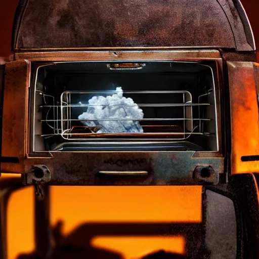 Image similar to toaster oven mecha head, dark messy smoke - filled cluttered workshop, dark, dramatic lighting, orange tint, sparks, cinematic, highly detailed, sci - fi, futuristic, movie still