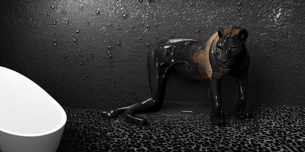 Image similar to a black lioness made of ferrofluid bathing inside the bathtub full of tar, covered with tar. dslr, photography, realism, animal photography, color, modern bathroom, hyper realistic, 8 k resolution, unreal engine 5, raytracing