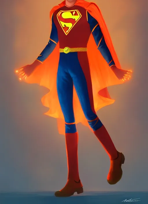 Image similar to kind teenage archie andrews wearing an orange superhero costume, superhero costume with heart emblem, cape, intricate, elegant, glowing lights, highly detailed, digital painting, artstation, sharp focus, illustration, art by wlop, mars ravelo and greg rutkowski