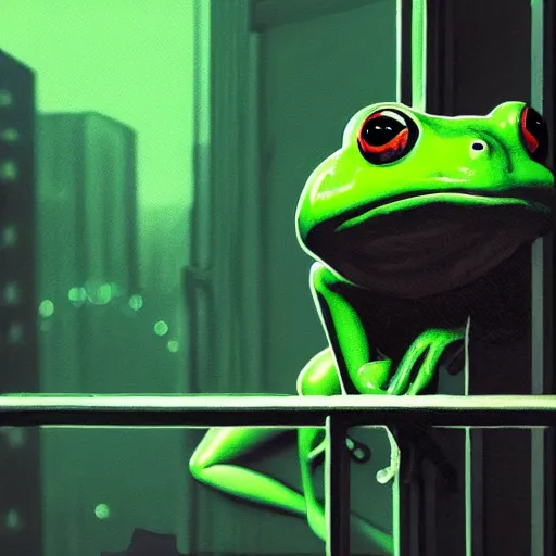 Prompt: lofi art of a green frog listening to music, by the apartment window, cyberpunk theme, artstation, 4 k
