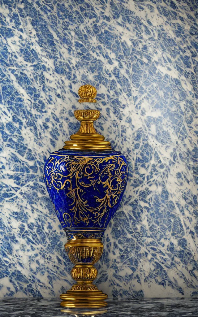 Prompt: An ornate baroque vase breaking on the marble tile floor, exploding into dust, dark-blue light-blue gold silver white black beige, volumetric dust rays, intricate detail, ultra realistic, cinematic lighting, moody, wet, shiny