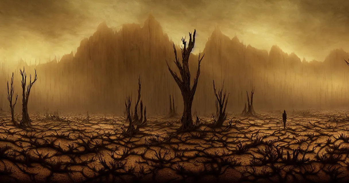 Image similar to epic professional digital art of hungry barren desert with dessicated forest, faint golden moody atmospheric lighting, painted, intricate, detailed, detailed, foreboding, by leesha hannigan, wayne haag, reyna rochin, ignacio fernandez rios, mark ryden, iris van herpen,, epic, stunning, gorgeous, much wow, cinematic, masterpiece.