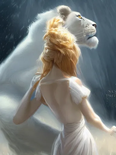 Prompt: a woman, wearing a cute white dress, strangling a lion. intricate, elegant, highly detailed, digital painting, artstation, concept art, sharp focus, illustration, by justin gerard and artgerm, 8 k