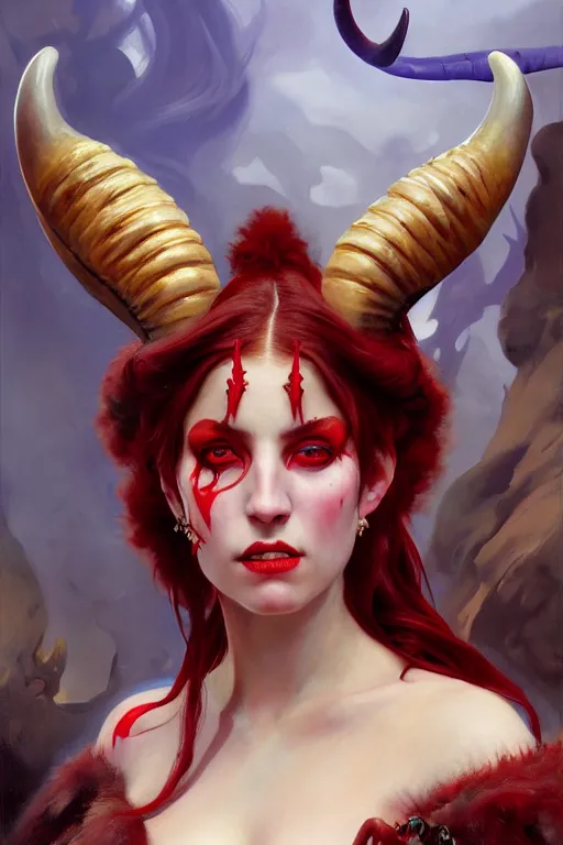 Image similar to painted close - up portrait of a attractive red - skinned intimidating demon girl with ram horns! oil painting, wearing a noblewoman's outfit, fantasy art by john singer sargent and gaston bussiere, and guillermo del toro and tyler edlin, demon noble character design, hd