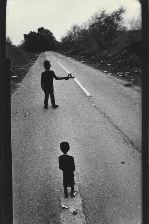 Image similar to photo polaroid of a sad and lonely child in the middle of a road destroyed by bombs ,war, has a gun in his hand, loneliness,, black and white ,photorealistic, 35mm film,