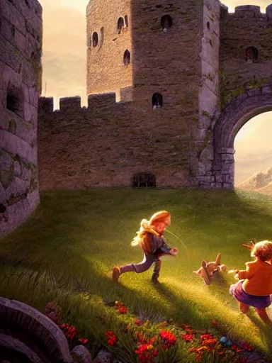 Prompt: children playing inside a meadow in the castle walls. intricate, elegant, highly detailed, digital painting, artstation, concept art, sharp focus, illustration, by justin gerard and artgerm, 8 k