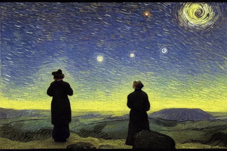 Image similar to a person looking at the night sky with clouds and stars, colorful, beautiful, national geographic, very detailed, astrophotography, cinematic lighting, oil painting, canvas, Theodor Kittelsen, Vincent van Gogh