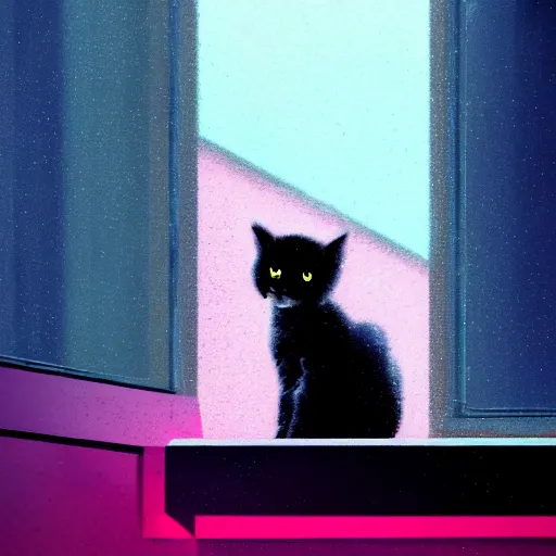 Image similar to a cute kitten sitting on a dark hotel window sill, looking out a rain-streaked window overlooking a futuristic cyberpunk cityscape, pink and blue lighting, by greg rutkowski and android jones in a surreal style, oil on canvas, ancient cyberpunk 8k resolution