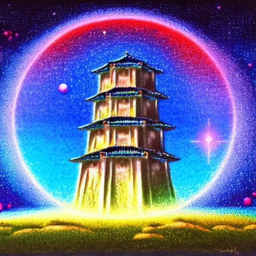 Image similar to a landscape pastel in the style of noriyoshi ohrai of an ancient holy tower, it has iridescent mana radiating from it. it is centered. the background is the starry sky at night. key art. 4 k retrofuturistic fantasy