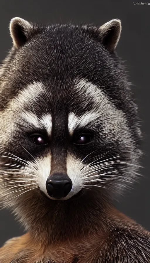 Image similar to a portrait of a one Warrior Raccoon by Valentina Remenar+UNREAL ENGINE 5+4K UHD IMAGE+Stunning LIGHTING+Stunnings SHADERS+SUBSTANCE PAINTER