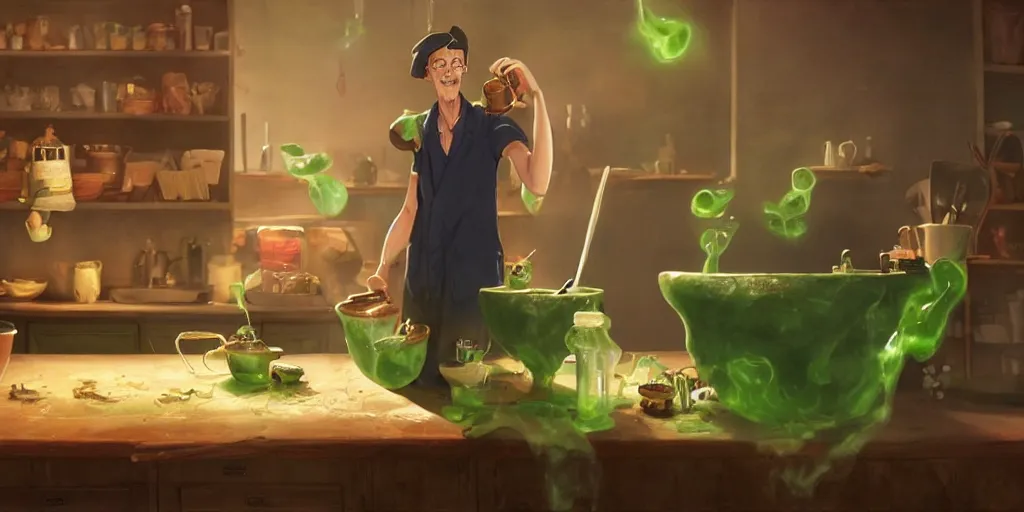 Prompt: a wholesome animation key shot of a steve buscemi with black hair as a witch cooking a magic potion in his cauldron of bubbling green liquid as his cats watch, medium shot, waist up, studio ghibli, pixar and disney animation, sharp, rendered in unreal engine 5, anime key art by greg rutkowski, bloom, dramatic lighting