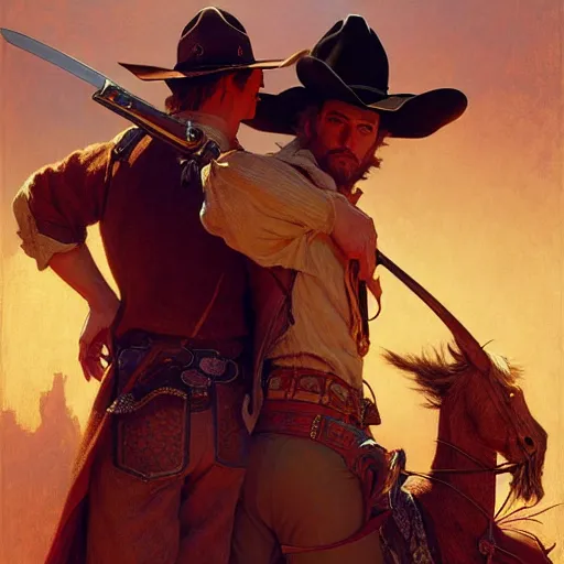 Image similar to attractive gunslinger and his handsome cowboy swordsman, they are in love, natural lighting, path traced, highly detailed, high quality, digital painting, by gaston bussiere, craig mullins, alphonse mucha, j. c. leyendecker