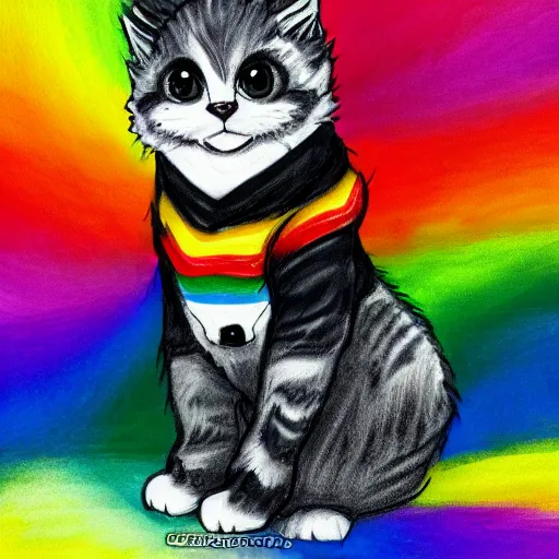 Image similar to wide angle full body, of a fluffy cute rainbow kitten wearing a black motorcycle jacket, concept art