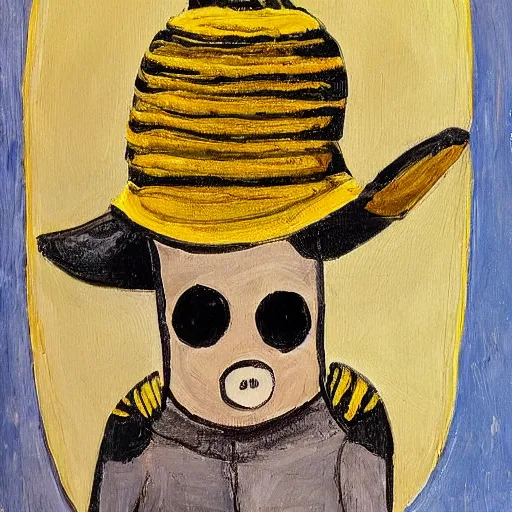 Image similar to a bumblebee wearing a cool hat, cowboy,