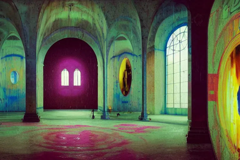 Prompt: abandoned 9 0 s monastery interior with large organic circular windows, rain like a dream, oil painting, cinematic, dramatic, volumetric lighting, cyberpunk, basquiat + francis bacon + gustav klimt + beeple, elevated street art, fantasy lut, textural, pink, blue, purple, green,