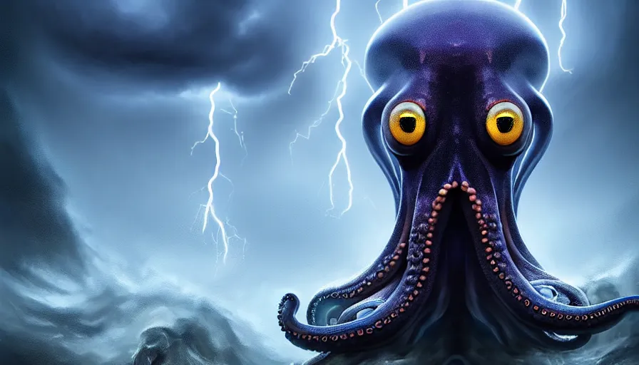 Prompt: a portrait of an anthropomorphic humanoid octopus struck by lightning, hyper realistic crystallized cavern with dark storm clouds above, 8 k digital art, trending on artstation, by lim chuan shin