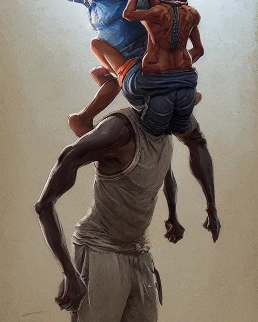 Prompt: portrait of a short man wearing glasses & cycling shorts holding a tall indian man, elegant, real life skin, intricate, high detailed, artstation, concept art, smooth, sharp focus, art by artgerm and greg rutkowski