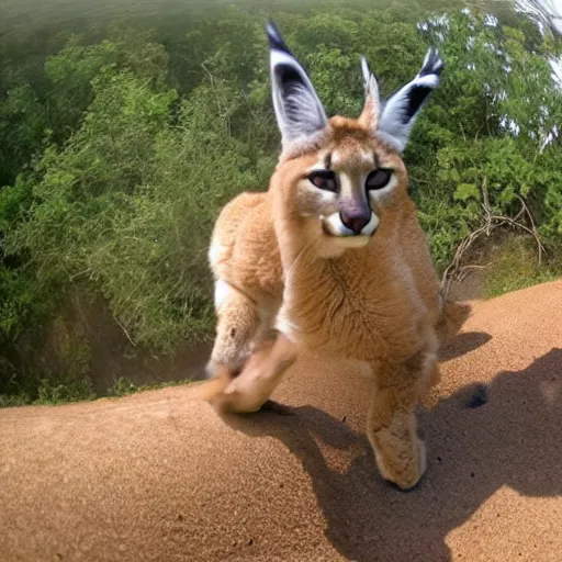 Prompt: gopro photo of a cute fluffy caracal surfing,