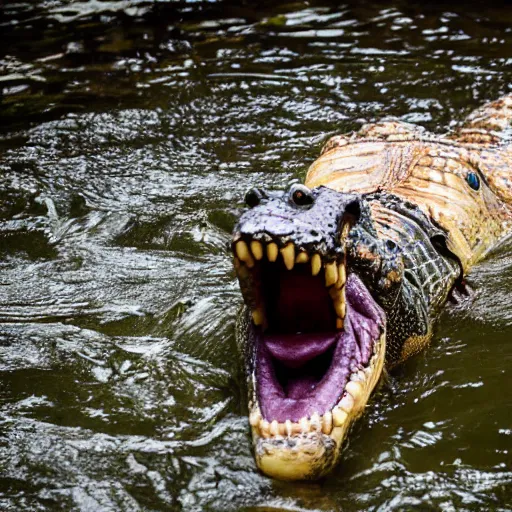 Prompt: human crocodile, photograph captured at woodland creek