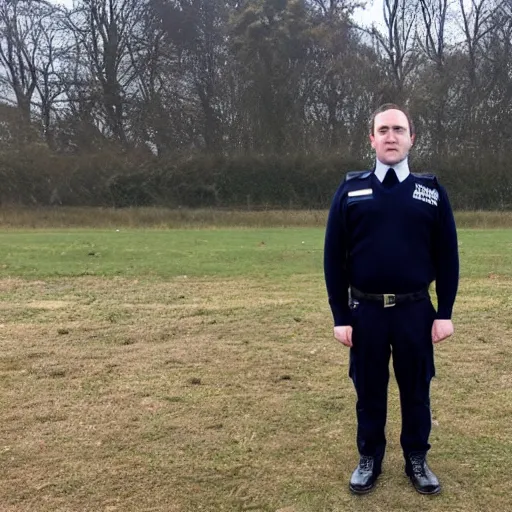 Prompt: clean - shaven chubby chubby chubby 3 2 year old caucasian man from uk. he is wearing navy police sweater and necktie and black boots and police helmet. he is standing in a field.